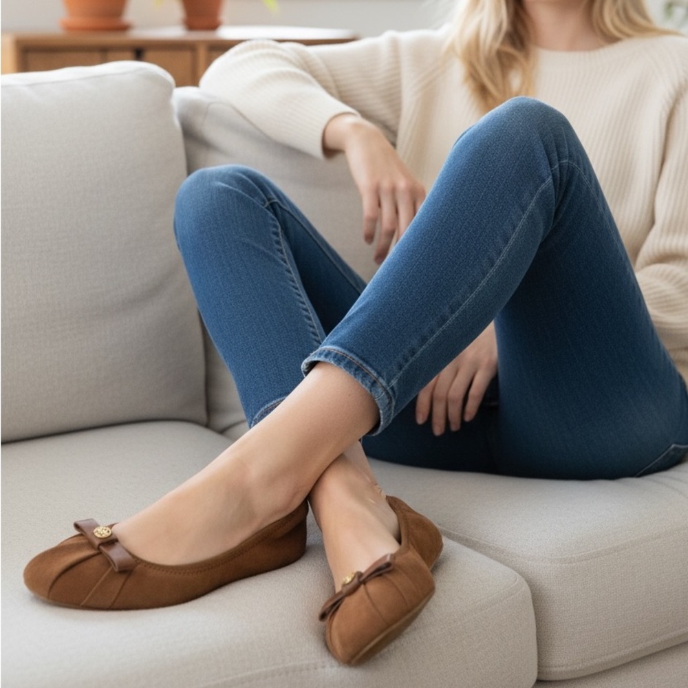 Tory Burch Brown Flats with Bow Detail, dust bag and original box